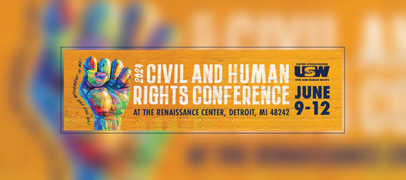 Graphic with a yellow background and text saying the International Civil and Human Rights Conference. There is fist picture on the left of the graphic and next to it there a horizontal text saying I